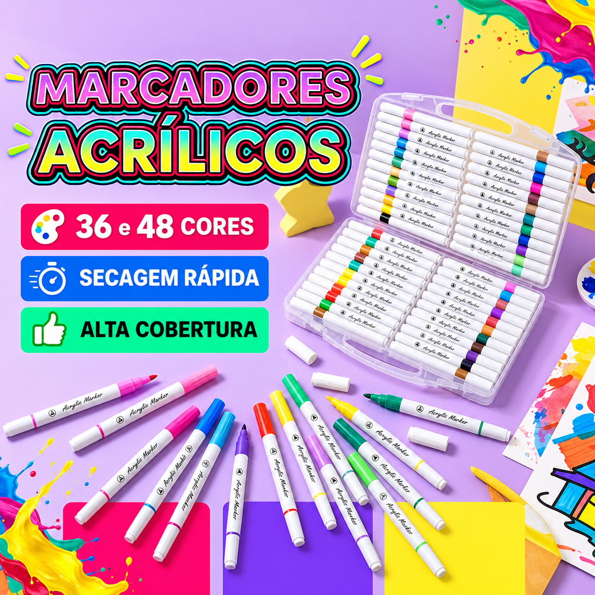 Kit de Marcadores Acrílicos Multiuso – Cores Vibrantes, Alta Cobertura e Secagem Rápida