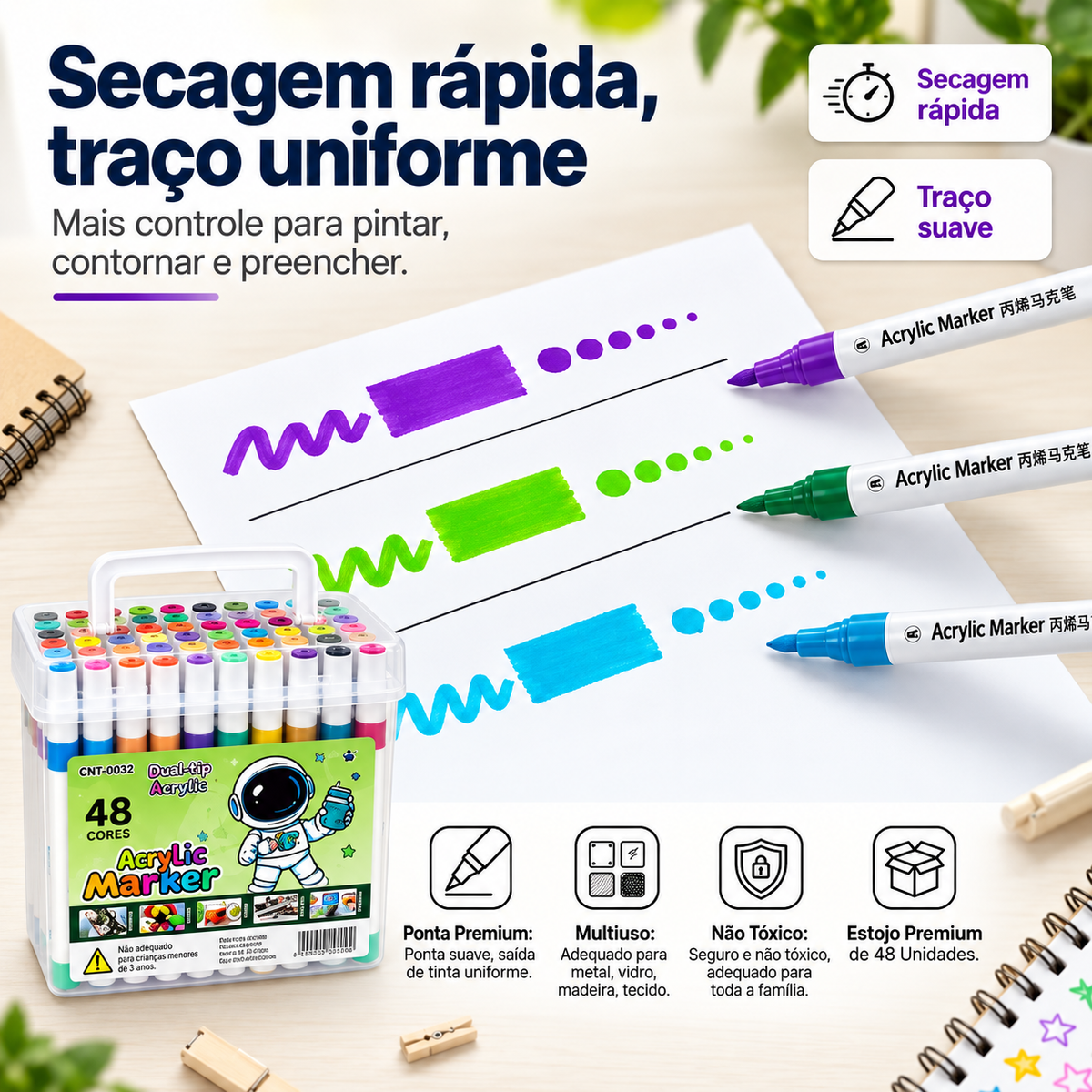 Kit de Marcadores Acrílicos Multiuso – Cores Vibrantes, Alta Cobertura e Secagem Rápida