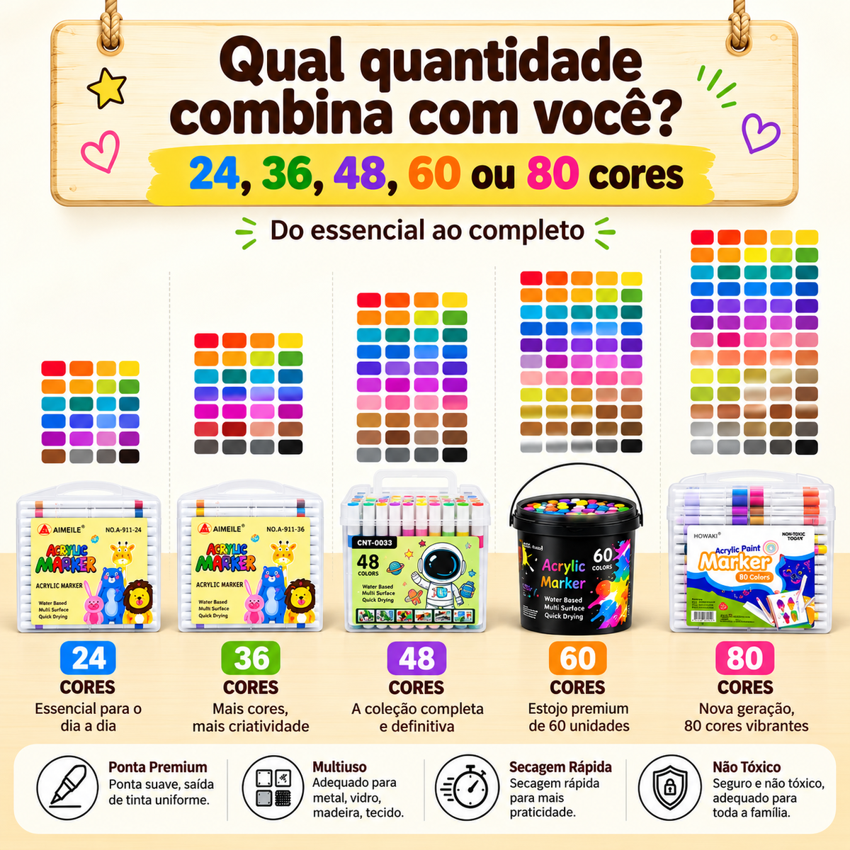 Kit de Marcadores Acrílicos Multiuso – Cores Vibrantes, Alta Cobertura e Secagem Rápida