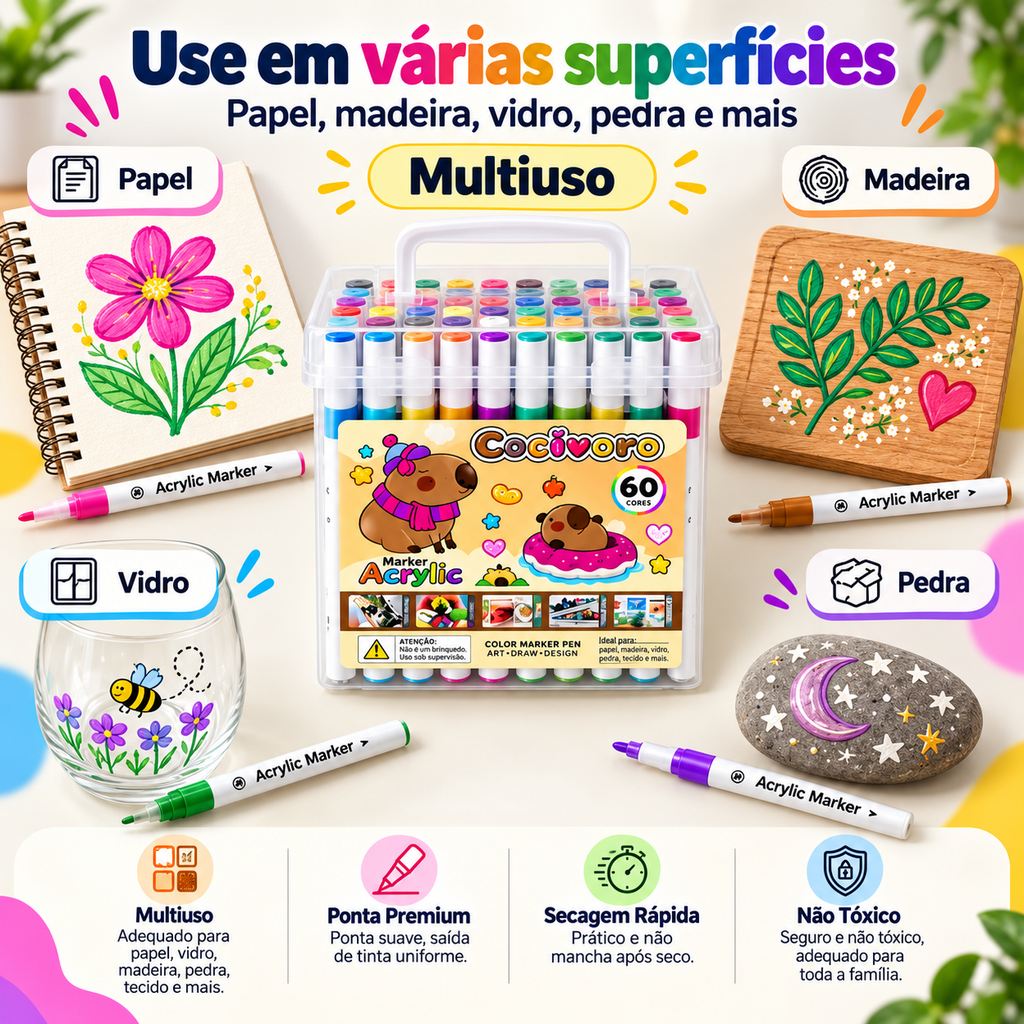 Kit de Marcadores Acrílicos Multiuso – Cores Vibrantes, Alta Cobertura e Secagem Rápida