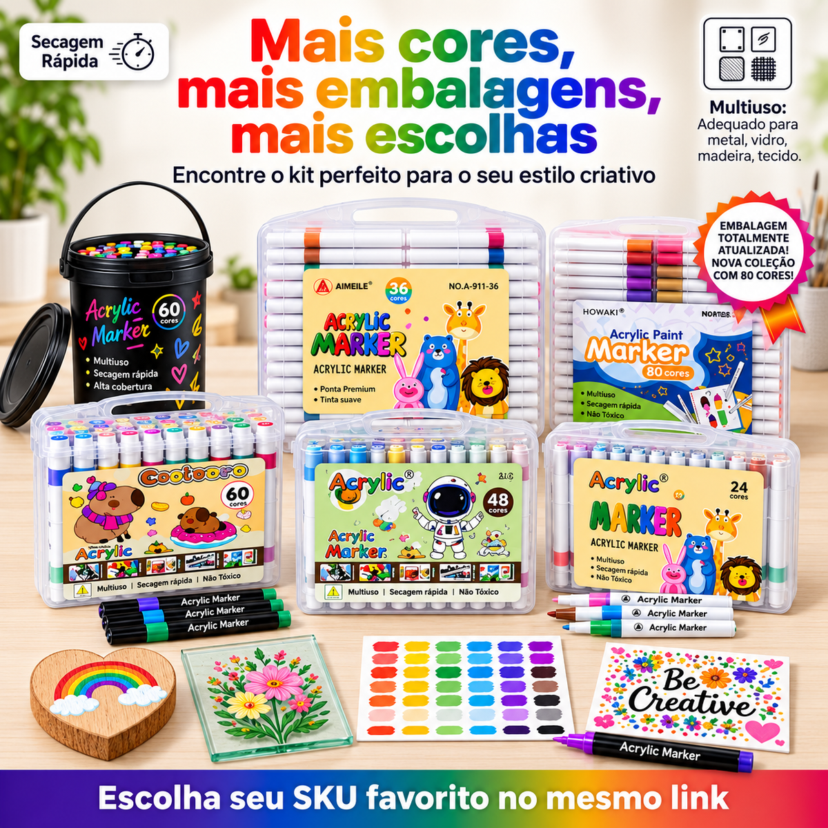 Kit de Marcadores Acrílicos Multiuso – Cores Vibrantes, Alta Cobertura e Secagem Rápida
