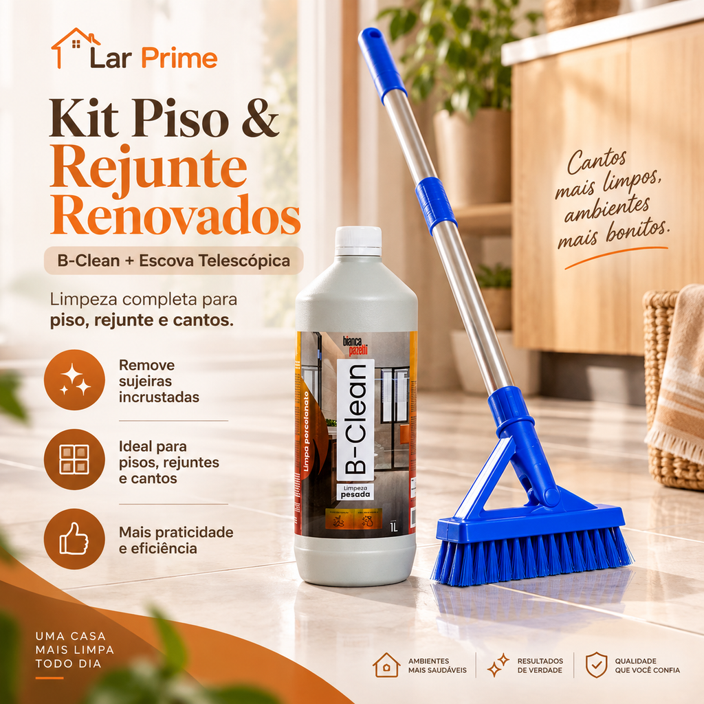 Kit Limpeza Completa para Piso e Rejunte – B-Clean 1L + Escova Telescópica 1,40m