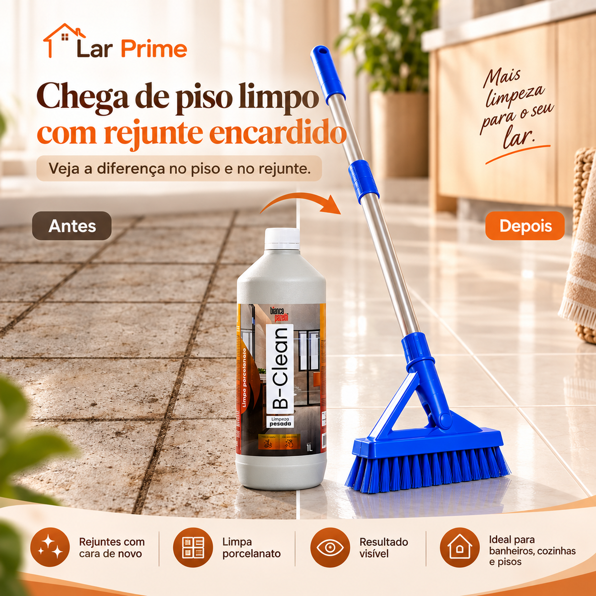 Kit Limpeza Completa para Piso e Rejunte – B-Clean 1L + Escova Telescópica 1,40m