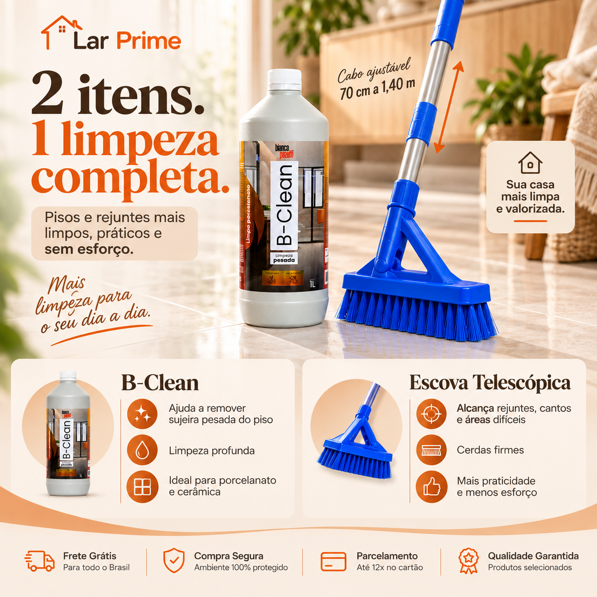 Kit Limpeza Completa para Piso e Rejunte – B-Clean 1L + Escova Telescópica 1,40m