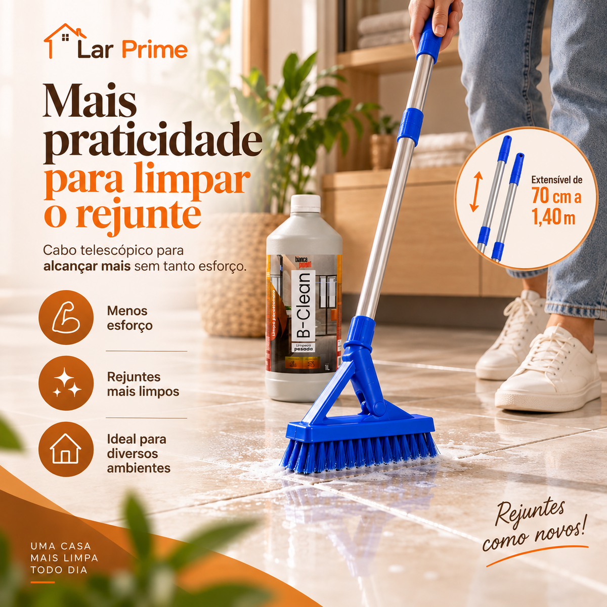 Kit Limpeza Completa para Piso e Rejunte – B-Clean 1L + Escova Telescópica 1,40m