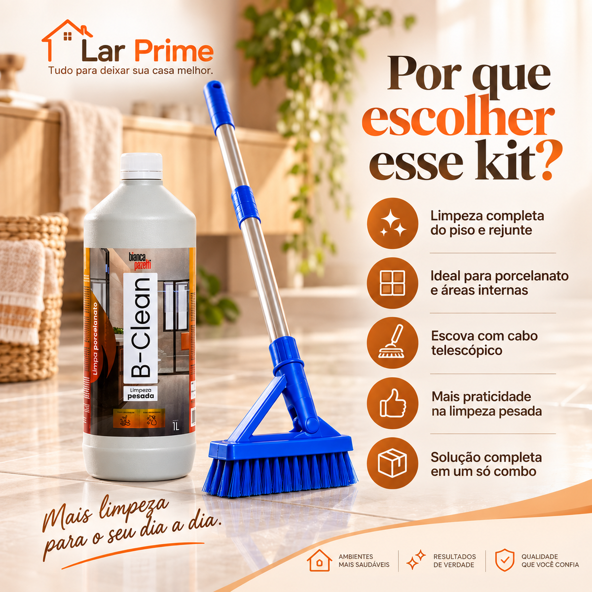 Kit Limpeza Completa para Piso e Rejunte – B-Clean 1L + Escova Telescópica 1,40m