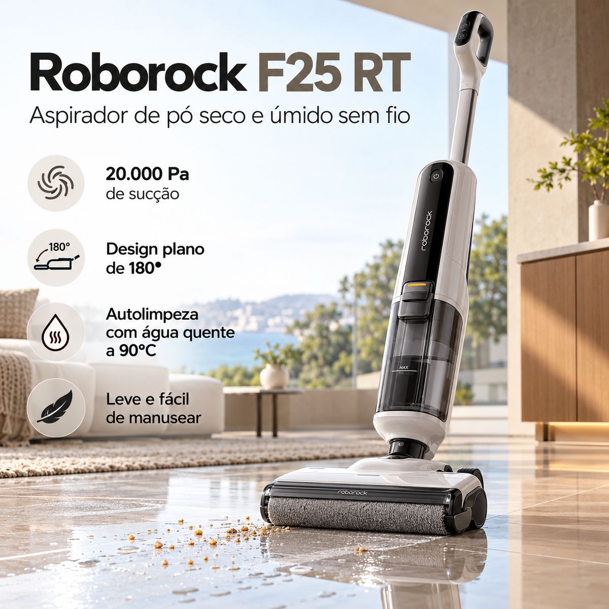 Aspirador de Pó Vertical Roborock F25 RT 3 em 1 – Aspira, Lava e Seca | Sem Fio com Autolimpeza