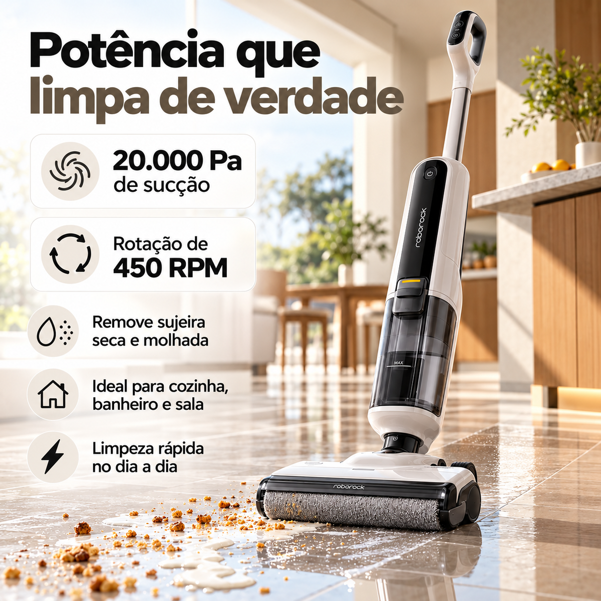 Aspirador de Pó Vertical Roborock F25 RT 3 em 1 – Aspira, Lava e Seca | Sem Fio com Autolimpeza