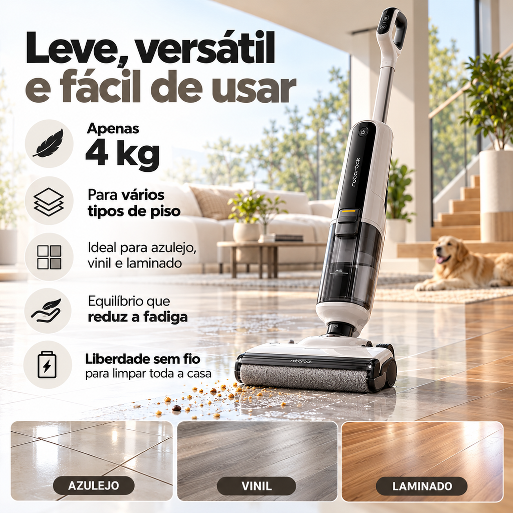 Aspirador de Pó Vertical Roborock F25 RT 3 em 1 – Aspira, Lava e Seca | Sem Fio com Autolimpeza