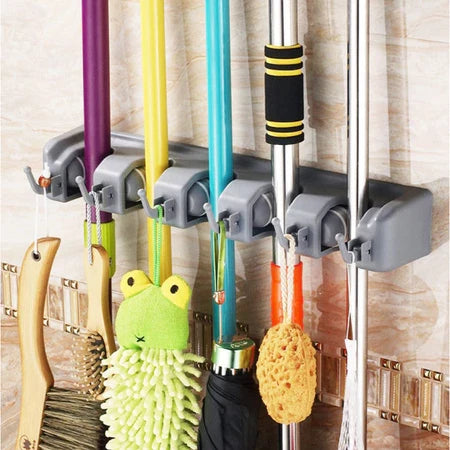 CleanHold — Organizador de Parede com 5 Lugares para Vassouras e Rodos com 6 Ganchos Adicionais - Entrega Grátis