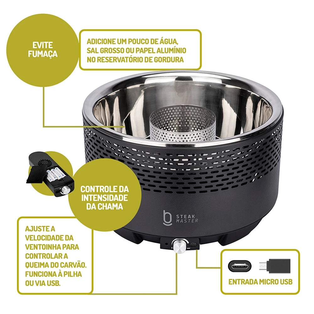 Churrasqueira Portátil a Carvão Sem Fumaça com USB e Bolsa para Churrasco